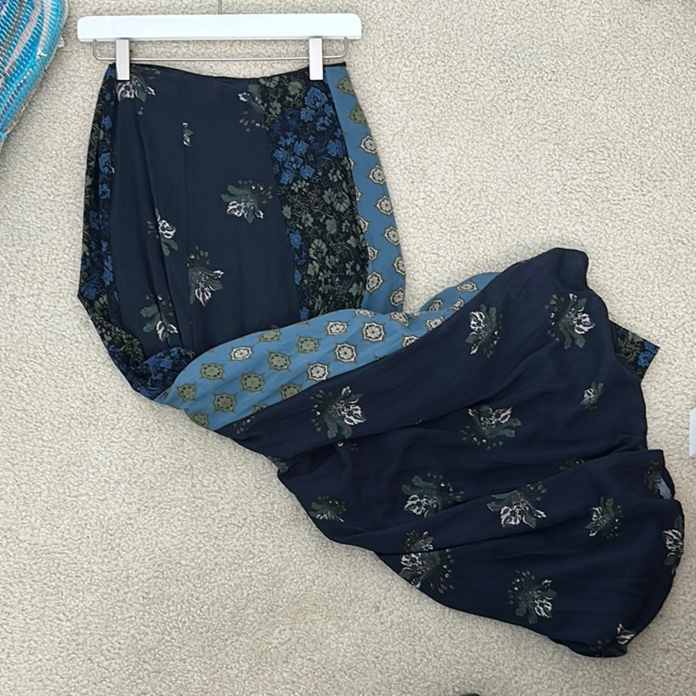 Free People Navy and Blue Patchwork Maxi Skirt